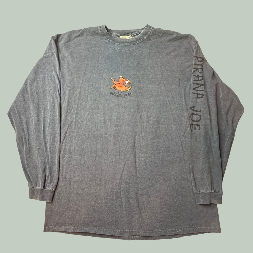 Pirana Joe T-Shirt Mens XL Cozumel Faded Blue Graphic Long Sleeve Pigment Dye